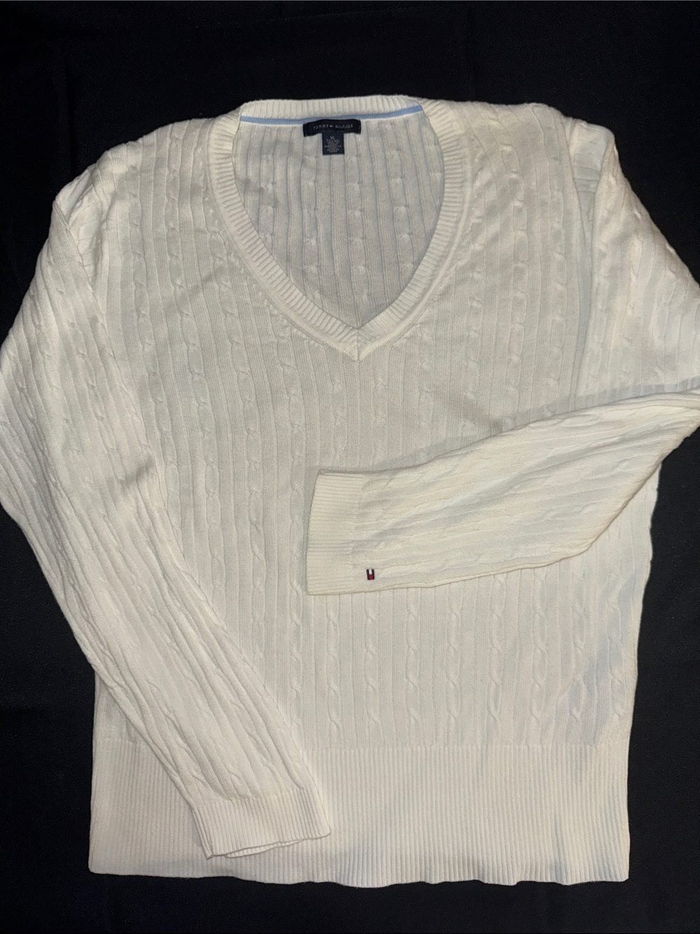 Tommy Hilfiger Women's White Cable-Knit V-Neck Sweater